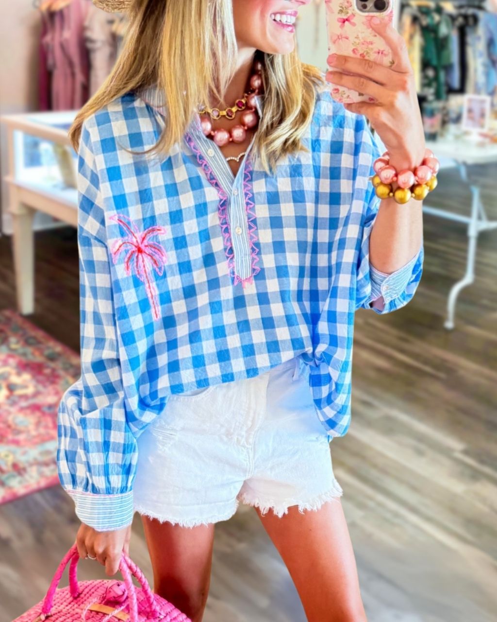 Palm Tree Embroidered Plaid Top