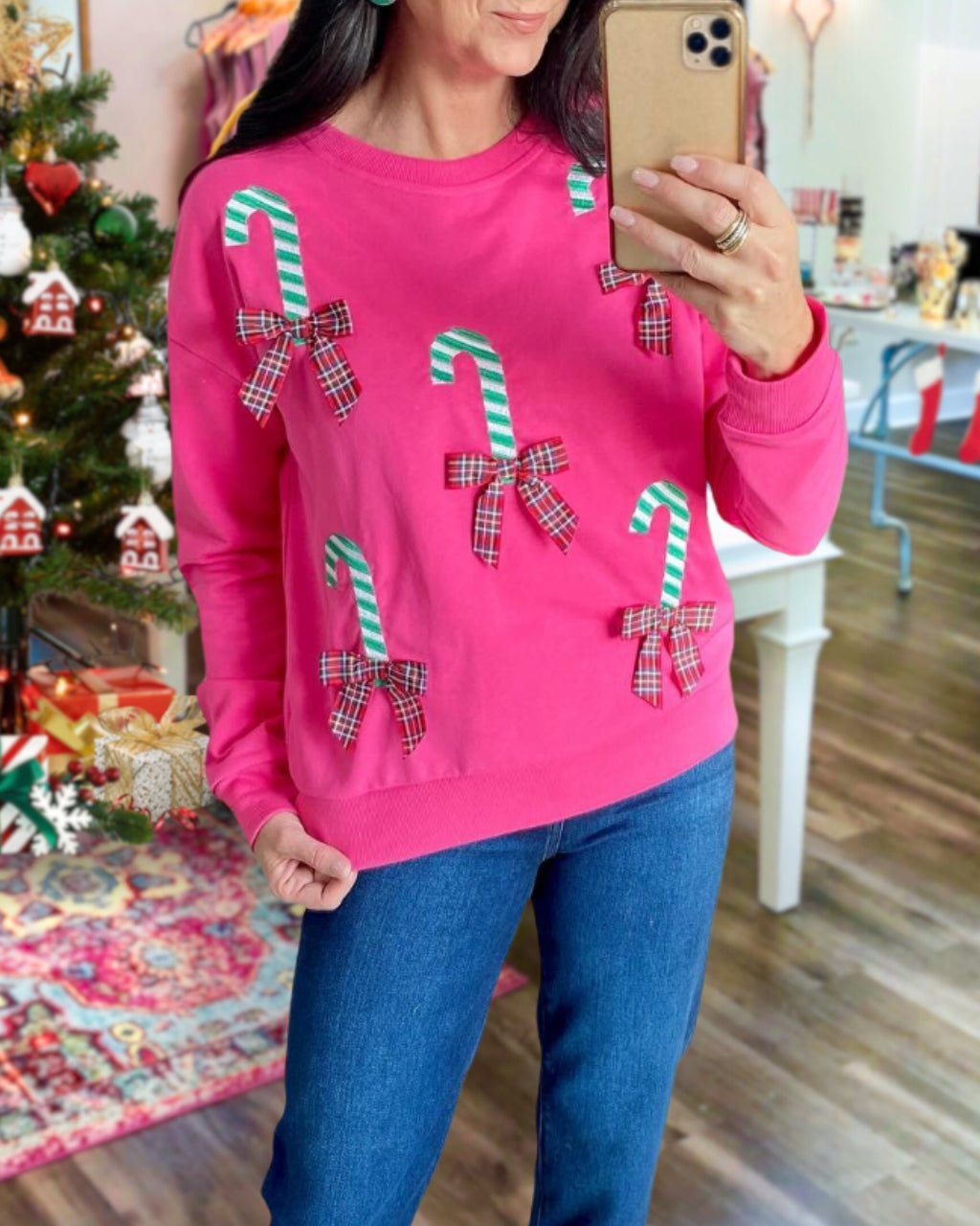 Festive Embroidered Candy Cane Bow Sweatshirt