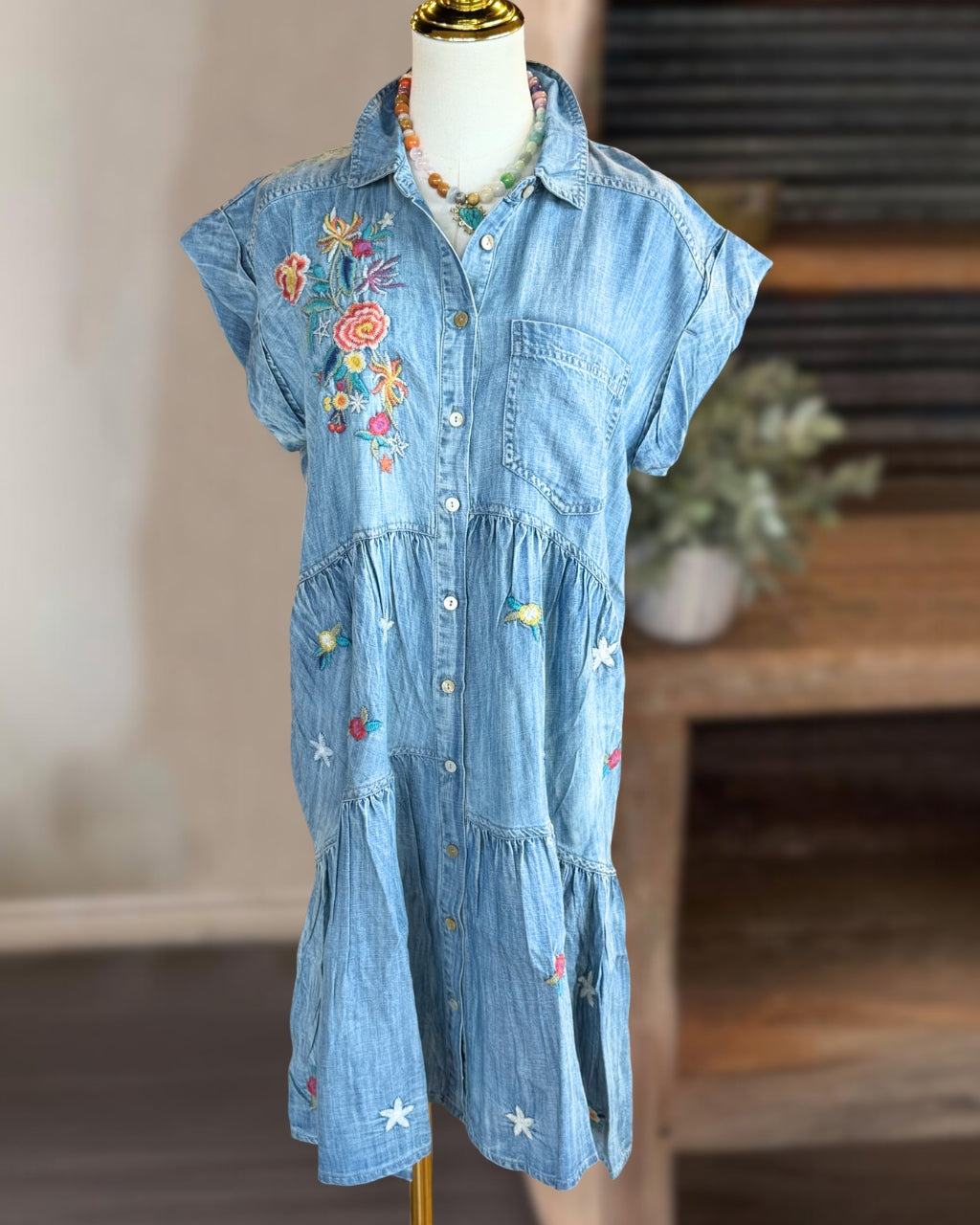 Floral Embroidered Denim Shirt Dress