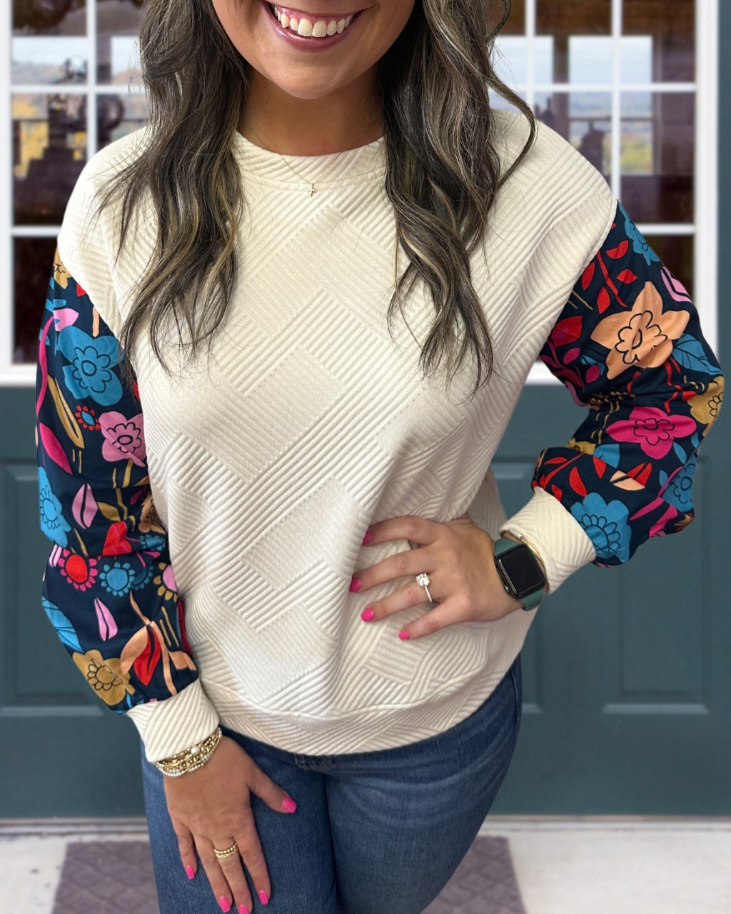 Floral Sleeve Texture Sweatshirt