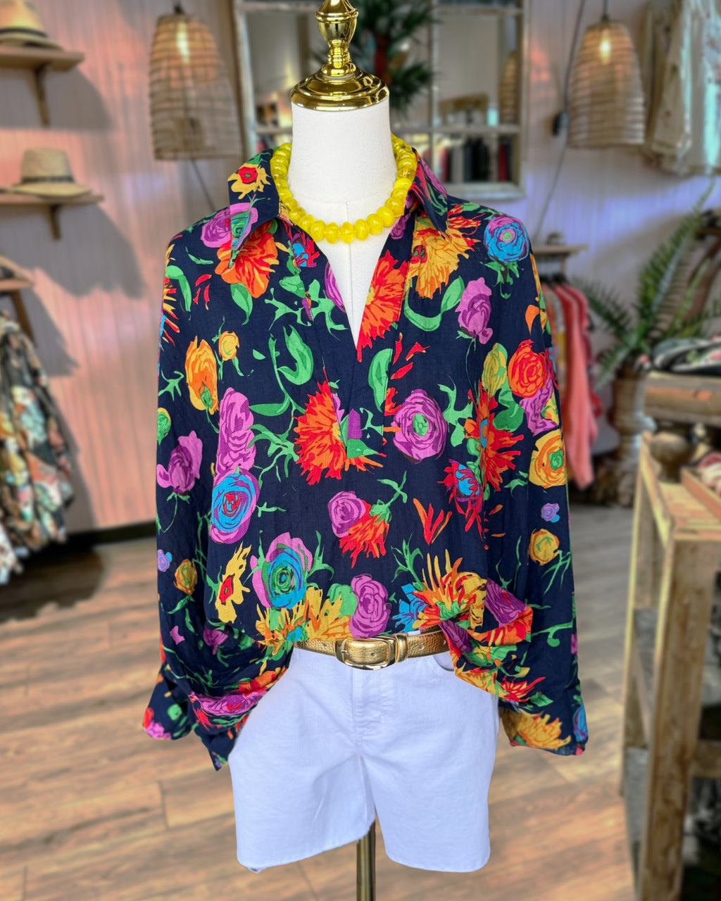 Loose Fitting Colorful Floral Print Shirt