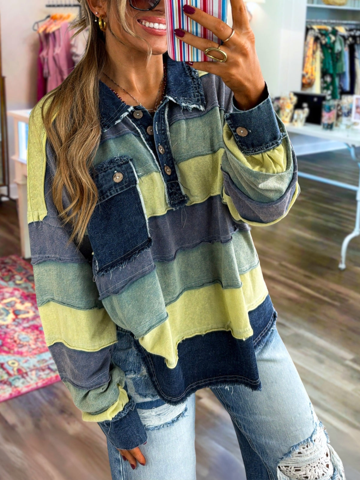 Color-blocked Patchwork Distressed Washed Pullover