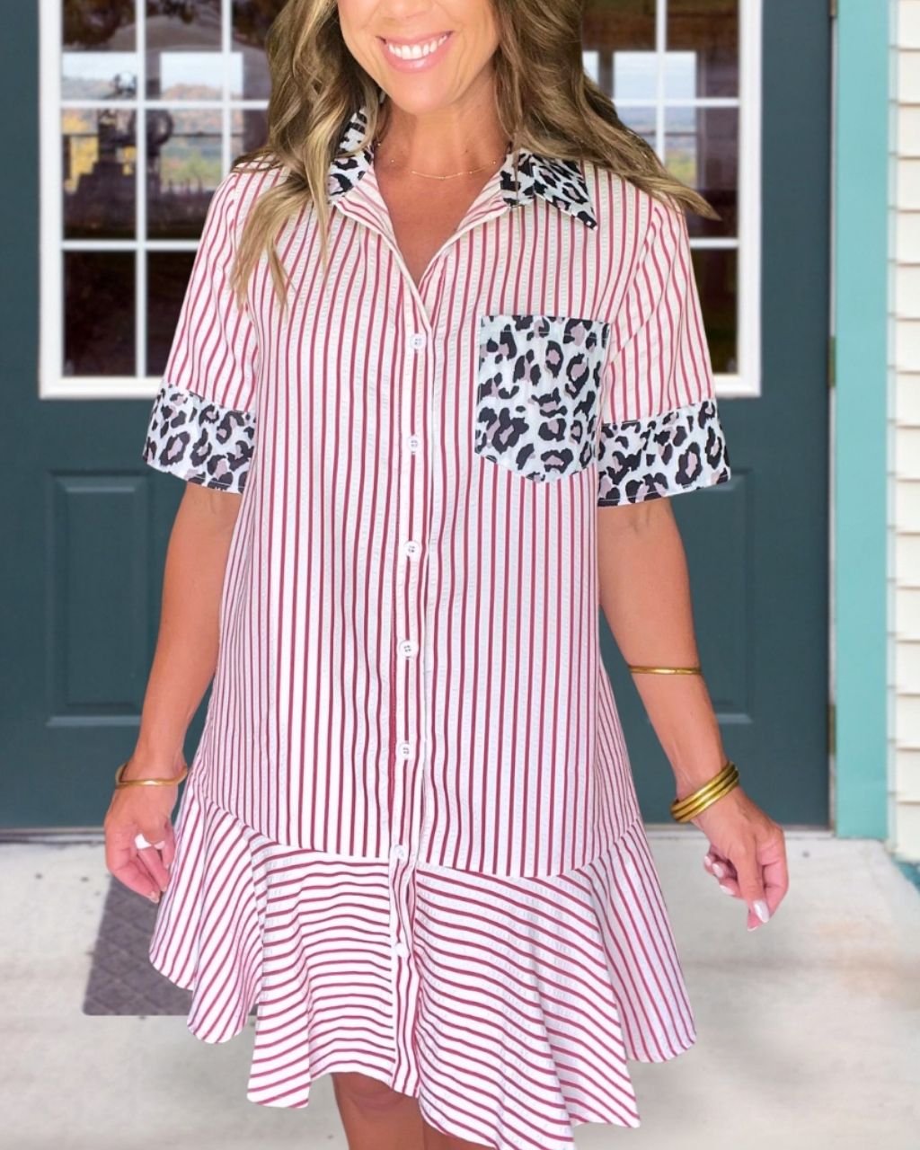Leopard Patchwork Striped Shirt Dress