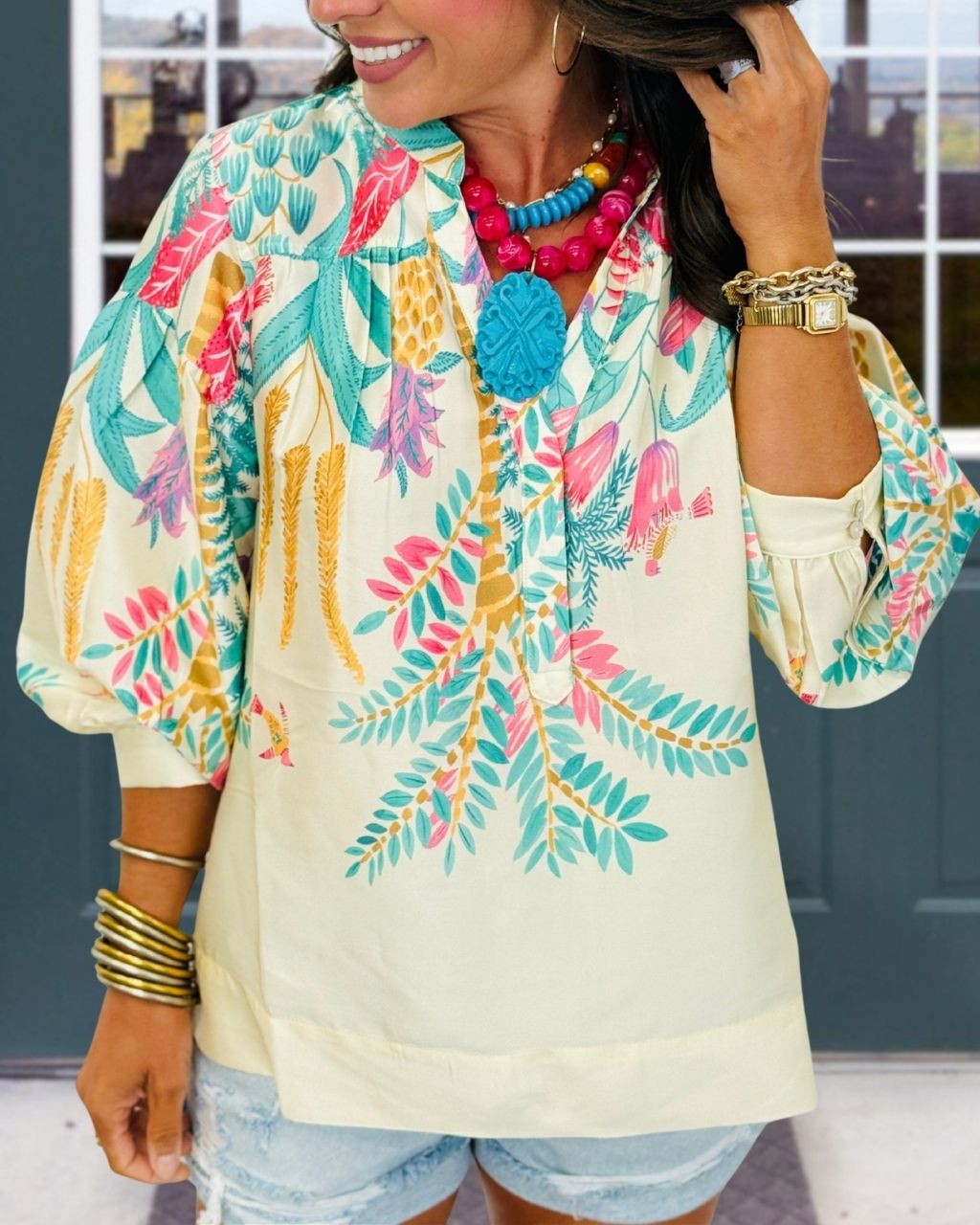 Elegant Botanical-Print Satin Top