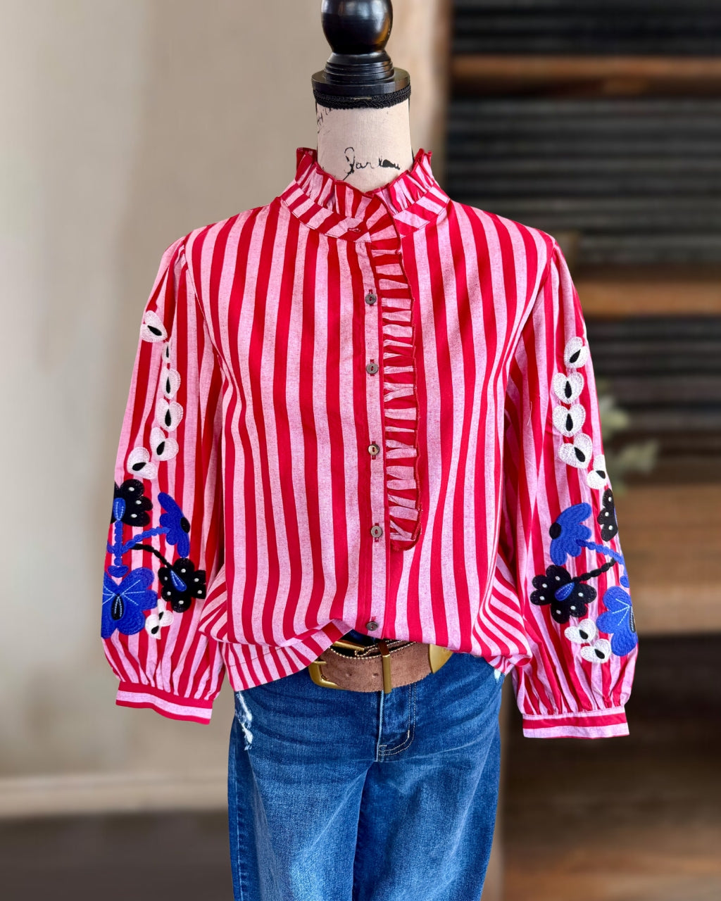 Embroidered Floral Striped Blouse