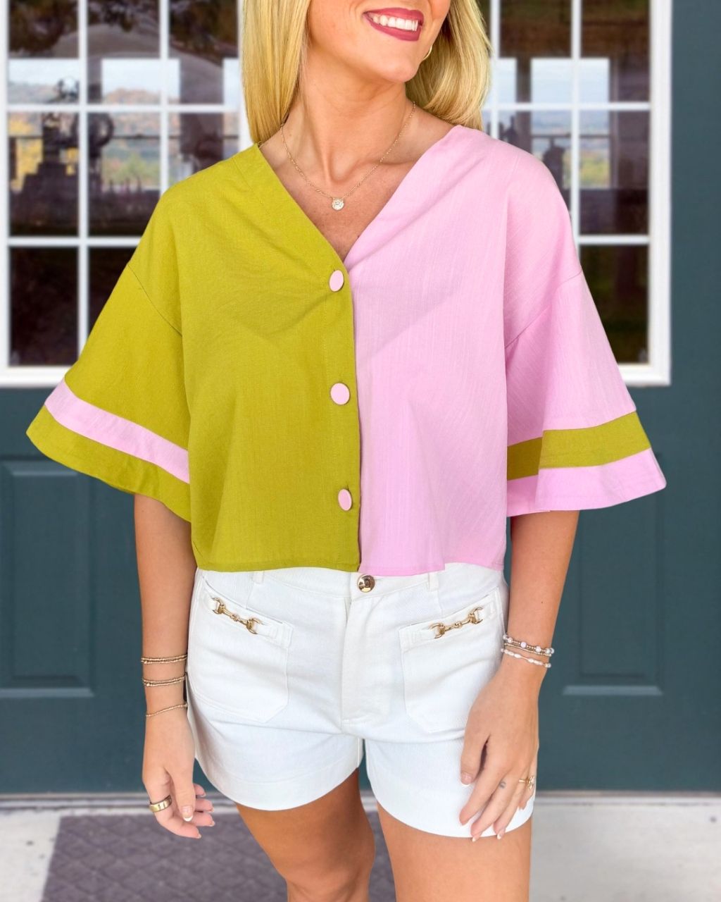 Contrasting Color V-neck Shirt
