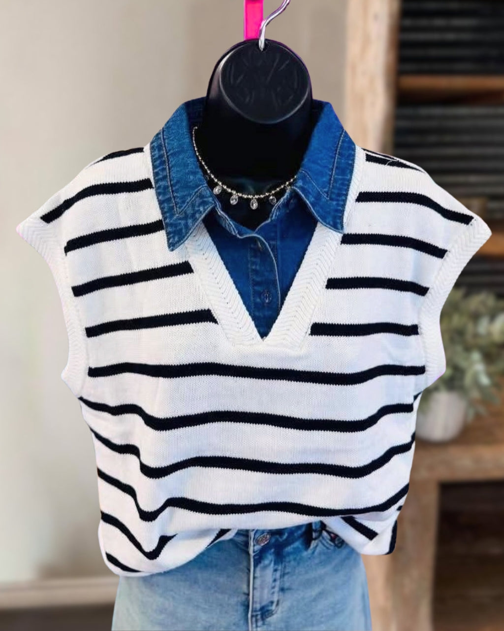 Faux Two-piece Denim Collar Striped Top
