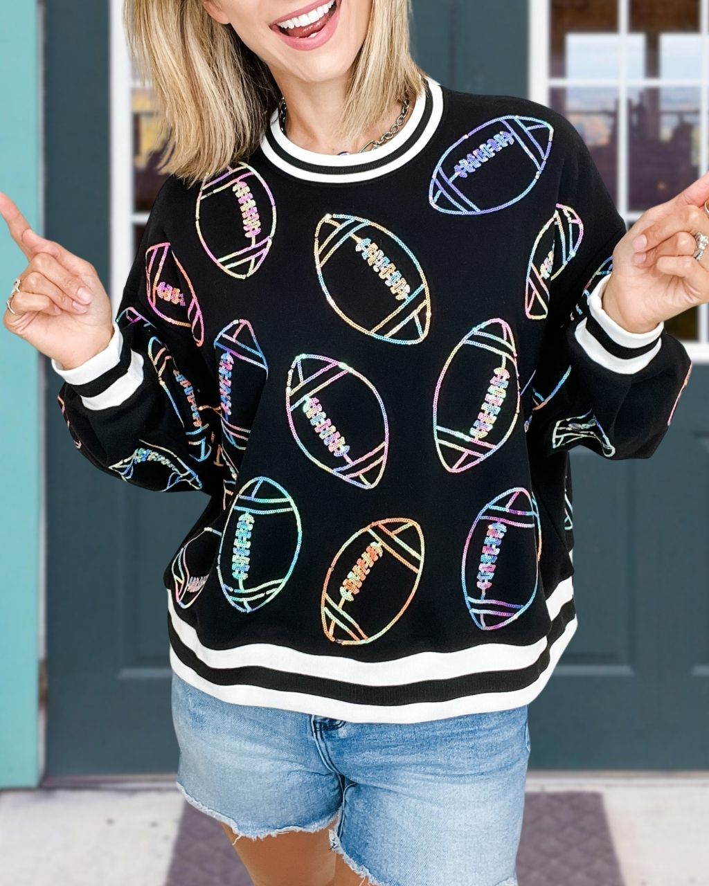 Colorful Football Sequin Striped Trim Sweatshirt