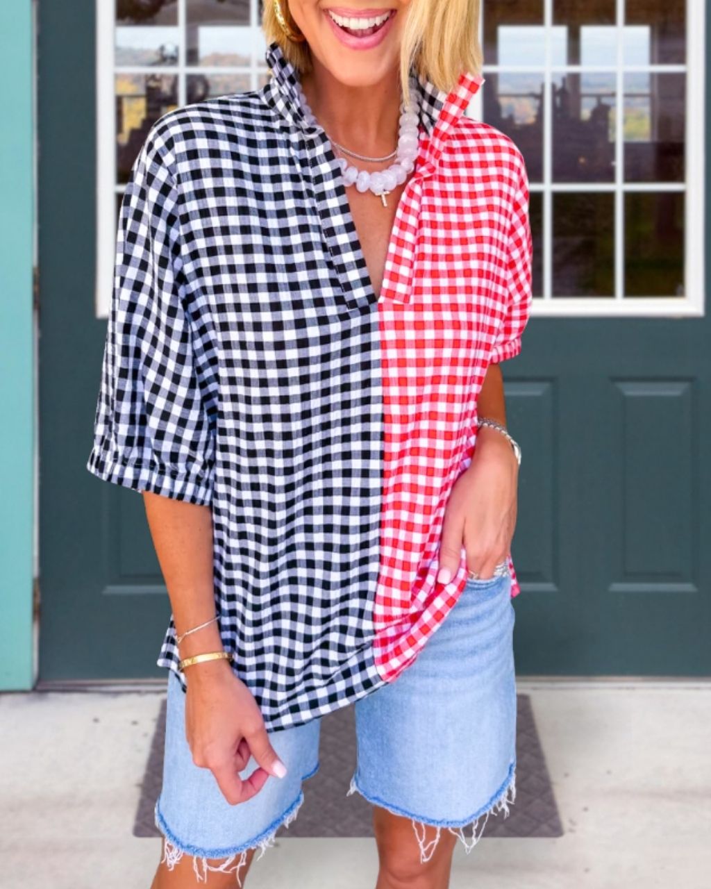 Contrasting Plaid V-neck Top
