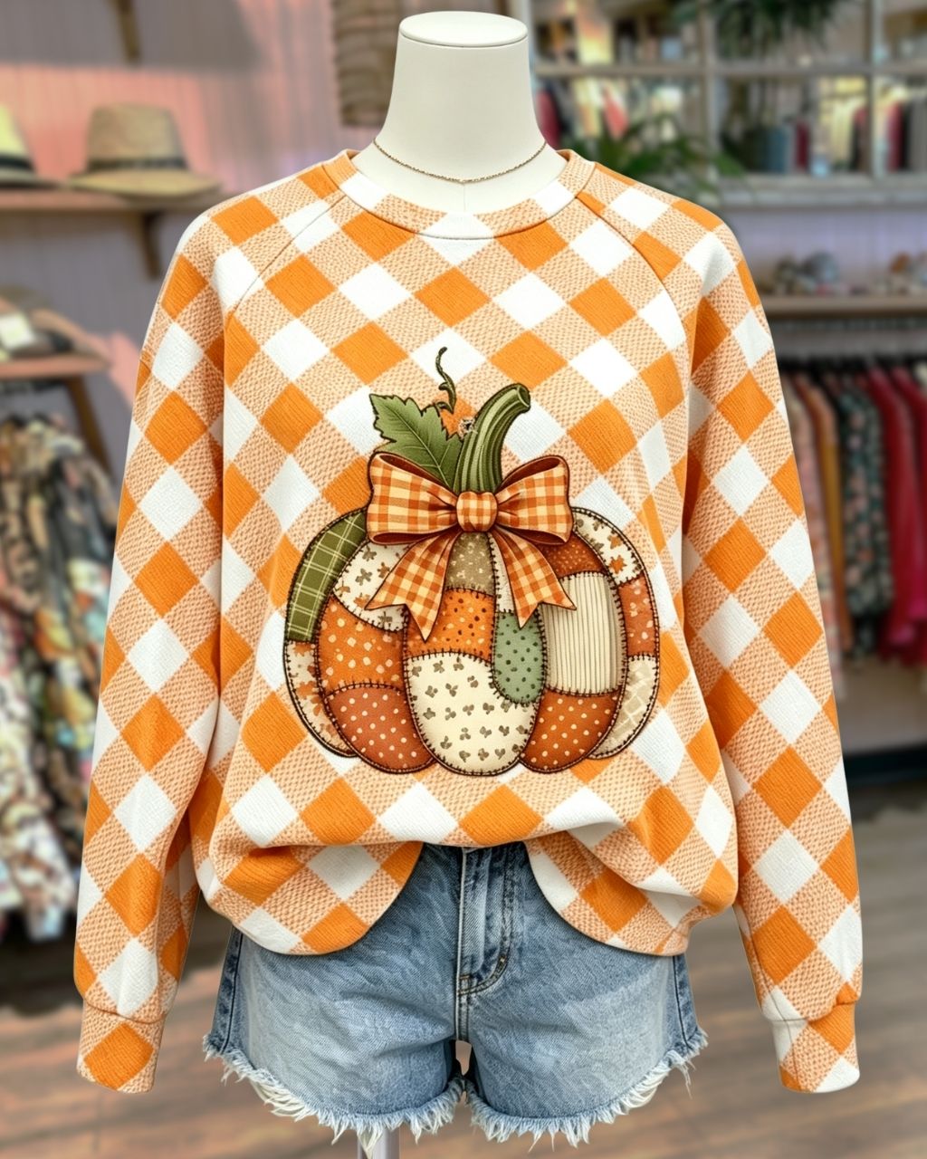 Pumpkin Bow Print Plaid Sweatshirt
