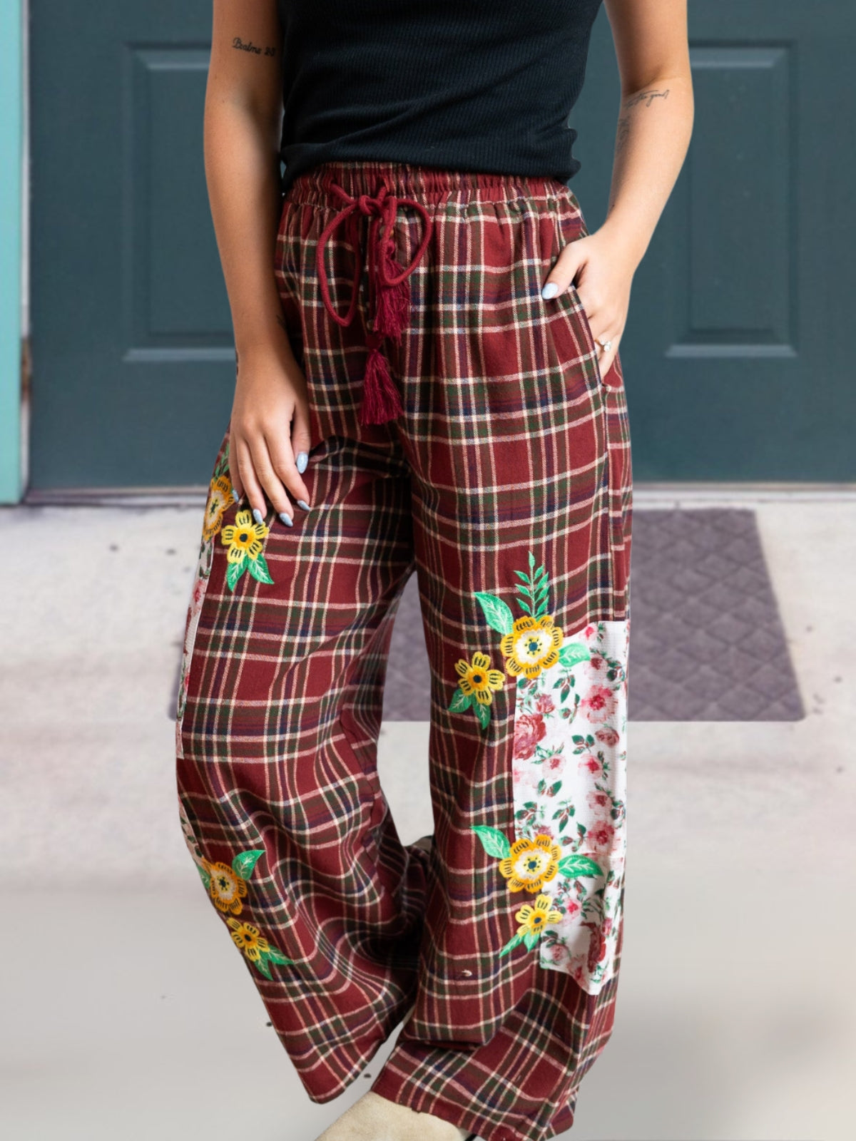 Floral Embroidered Wool Blend Plaid Pants