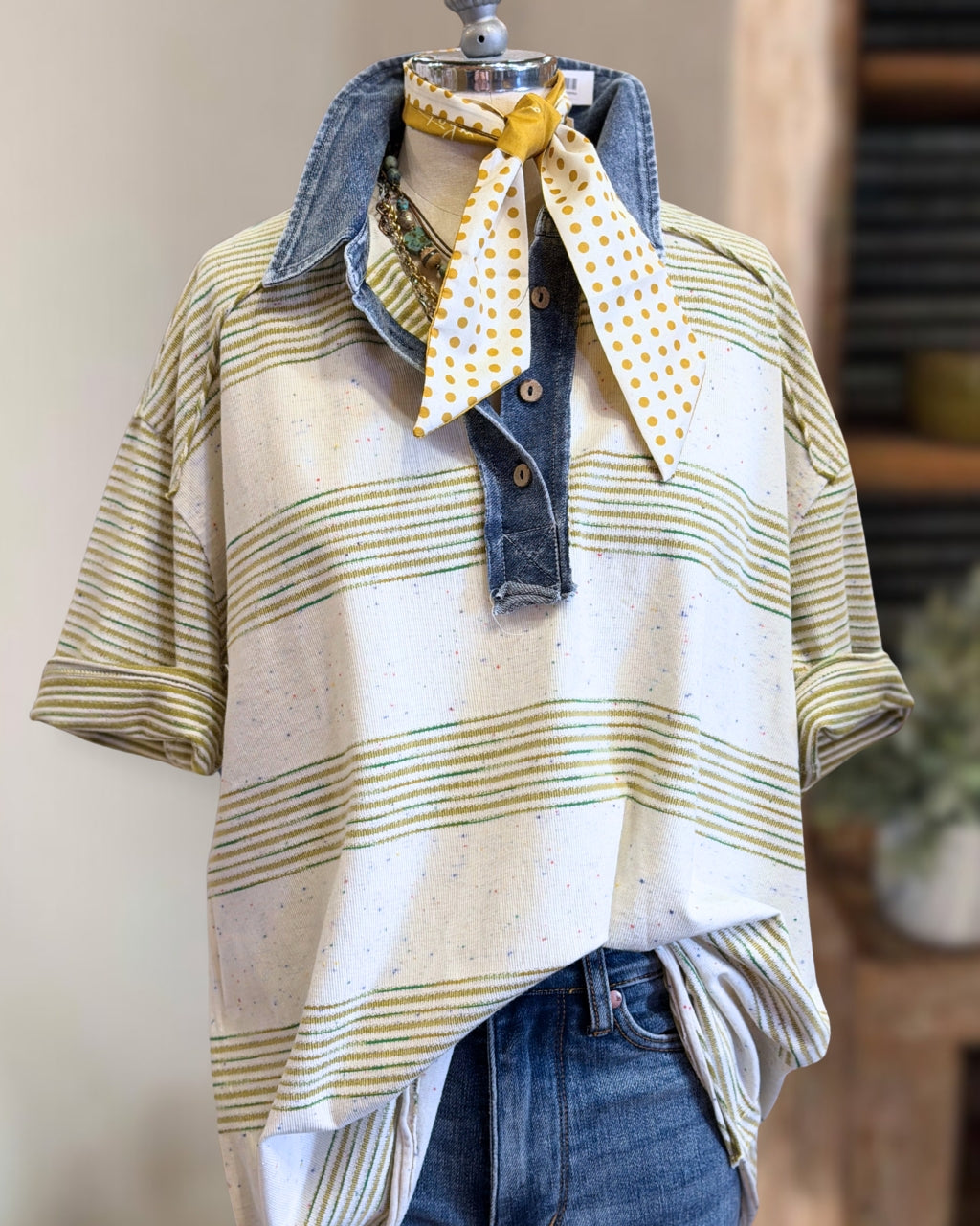 Striped Denim Patchwork Collared Top