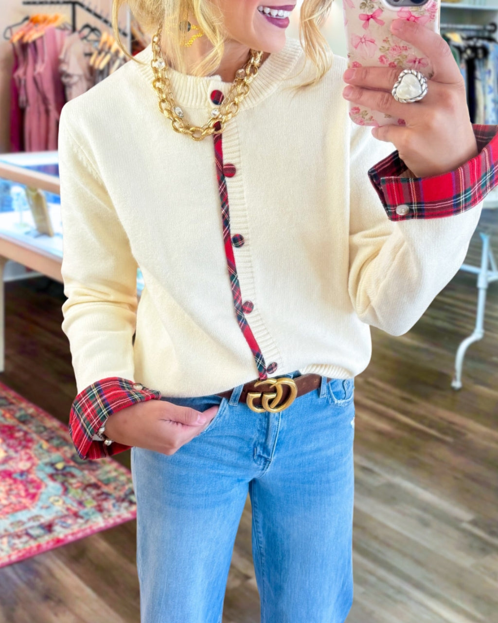 Whimsical Plaid Trimmed Button Cardigan