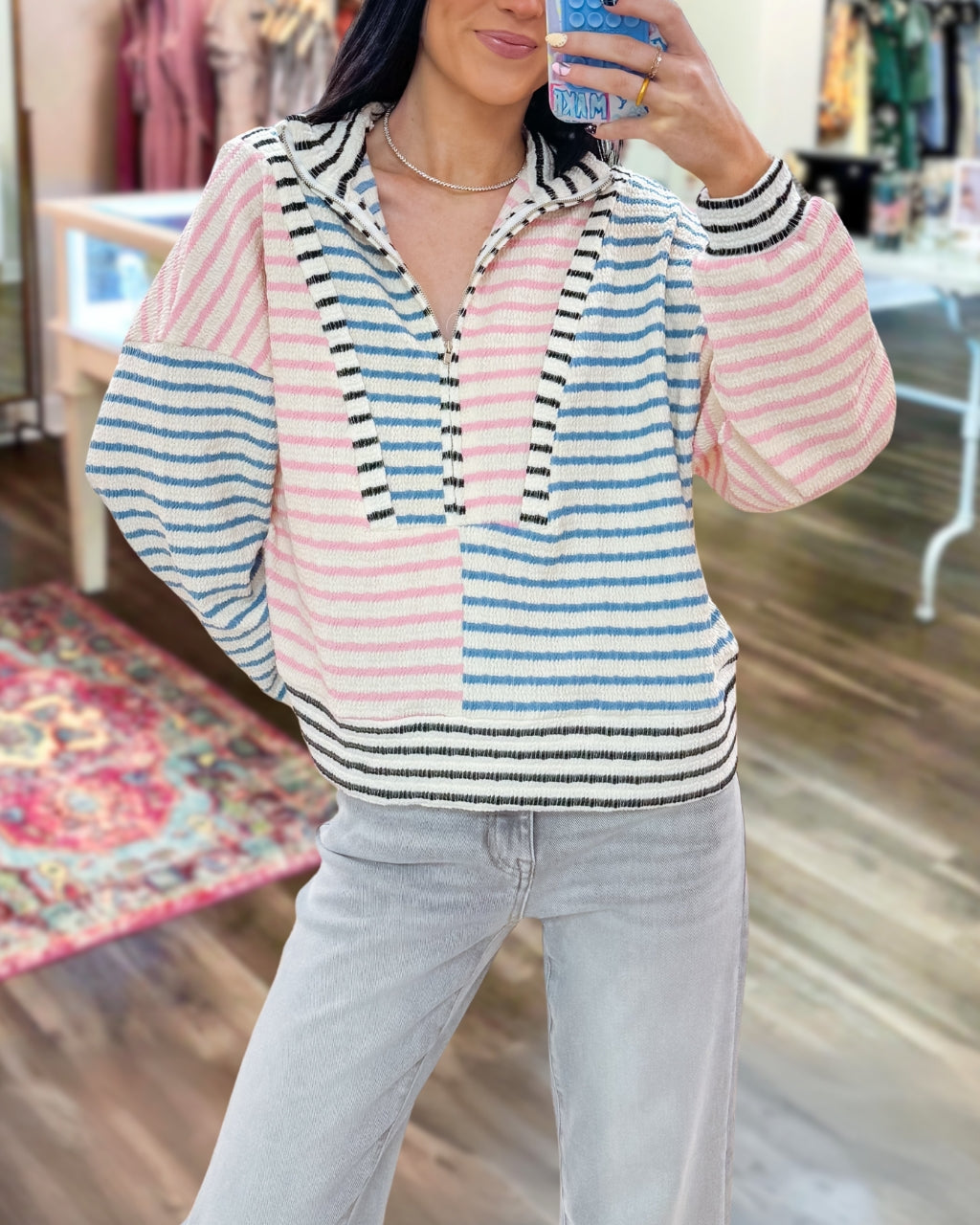 Color Block Striped Half-zip Drop Shoulder Pullover