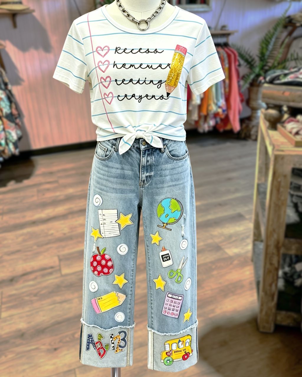 School Supplies Printed Denim Pants