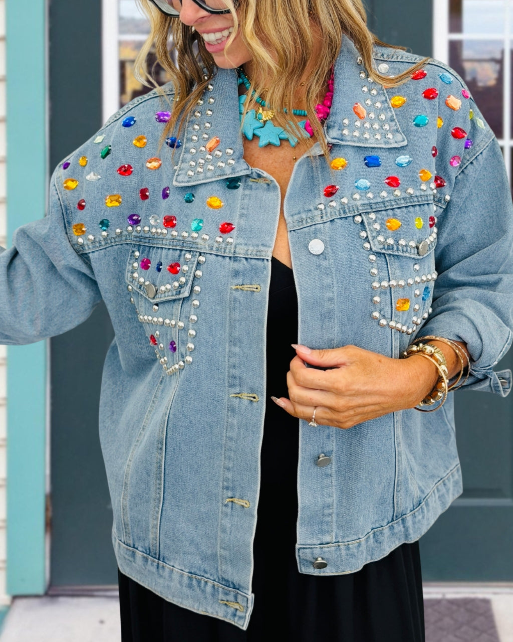 Colorful Rhinestone Studded Denim Jacket