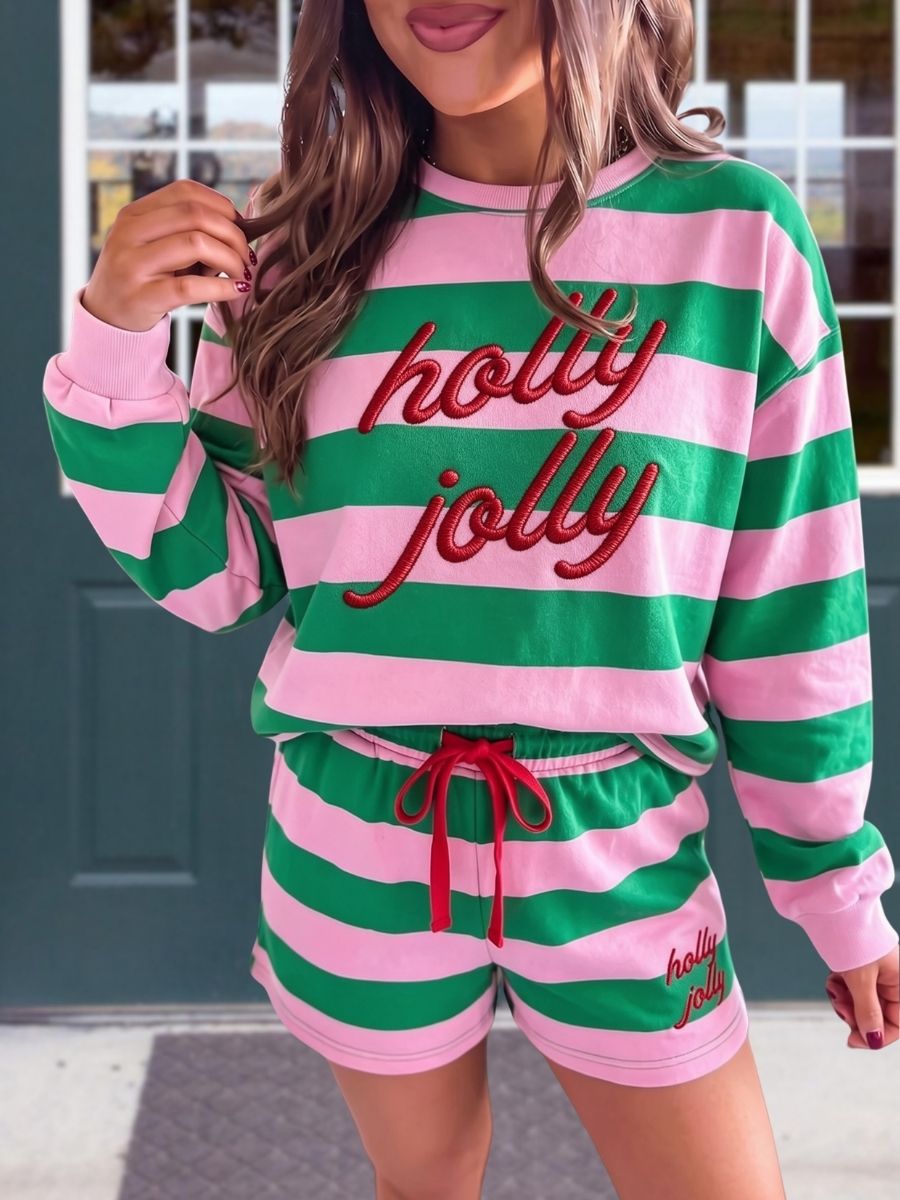 "Holly Jolly" Embroidered Striped Set