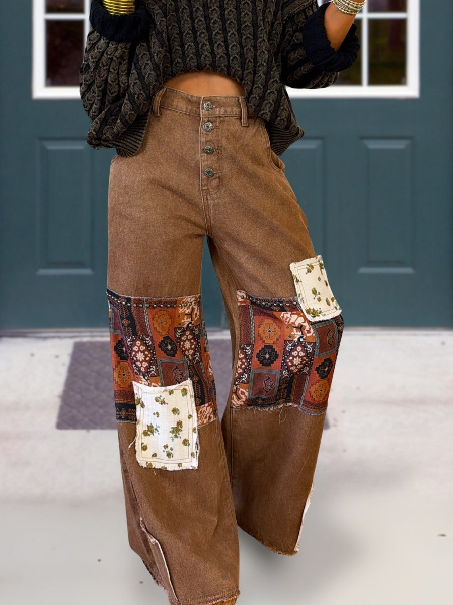 Mixed Patchwork Washed Distressed Pants