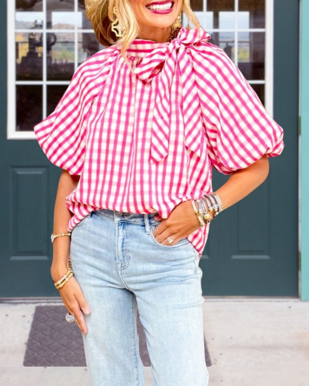 Bow Tie Plaid Puff Sleeve Top