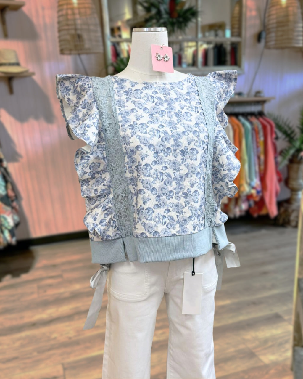 Ruffled Floral Lace Ribbon Top