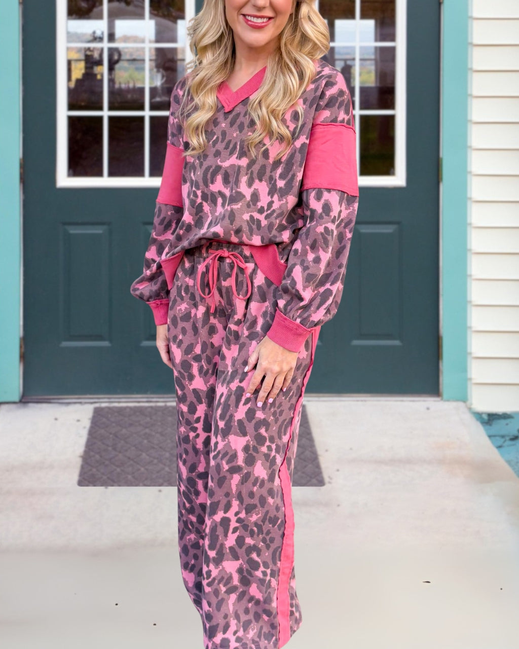 Leopard-print Patchwork V-neck Set