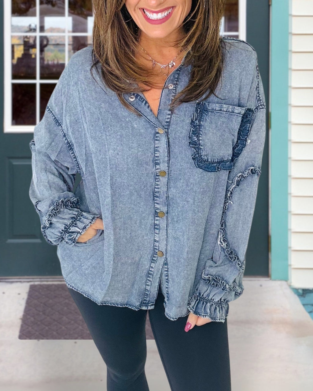 Playful Ruffle Accent Denim Shirt
