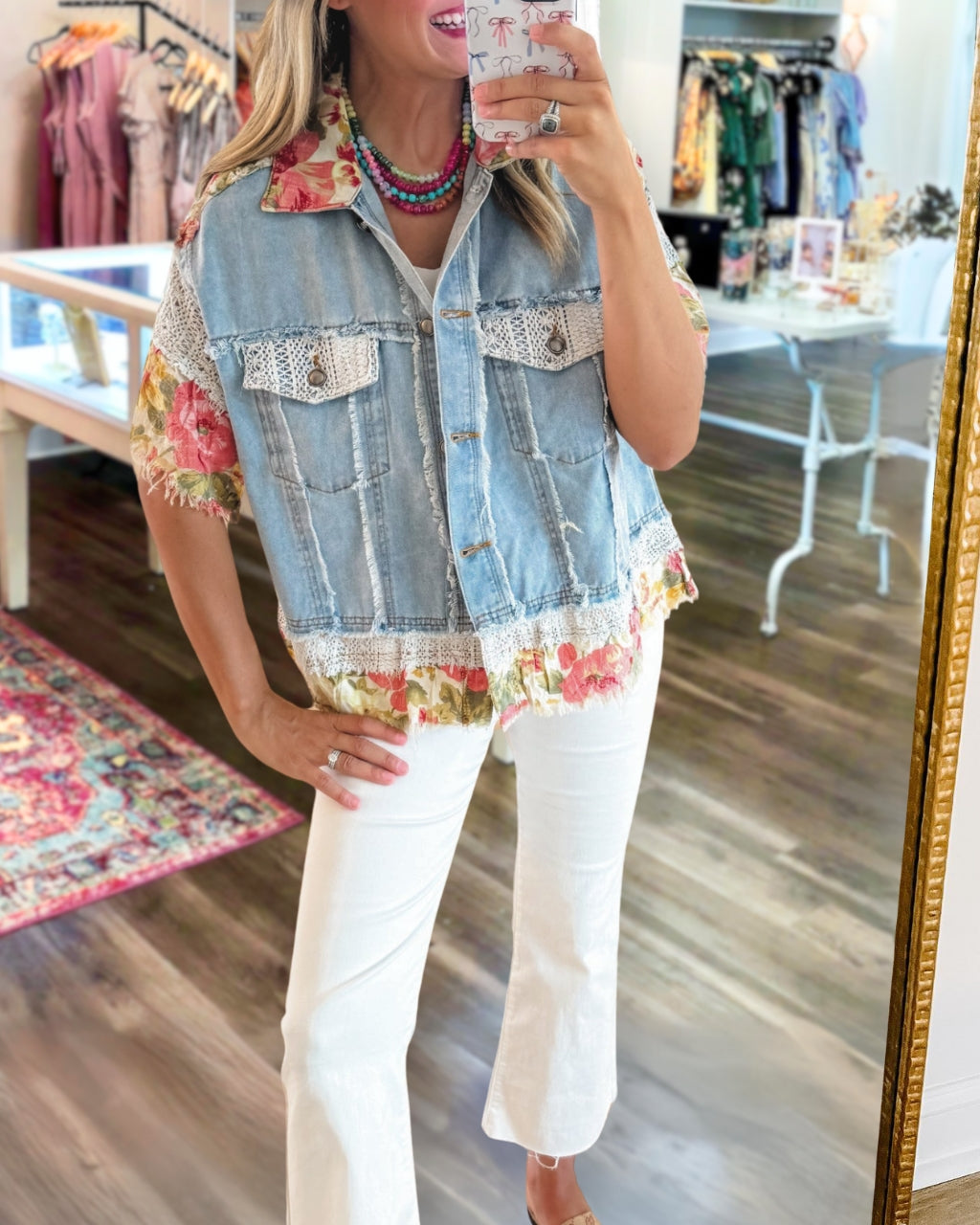 Floral Denim Button-Down Top