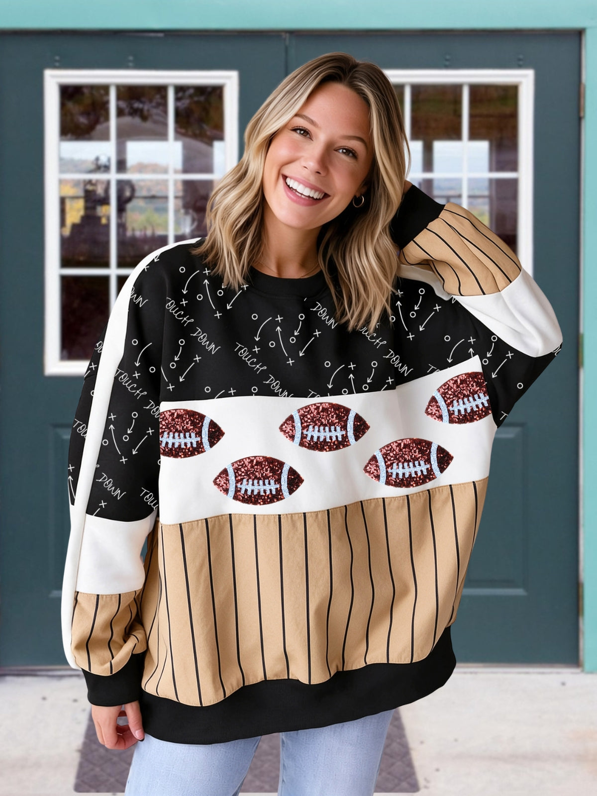Football Tactics Graphic Sequin Color-Block Pullover