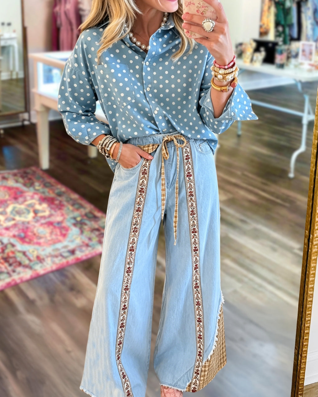 Floral Ribbon Patchwork Denim Pants