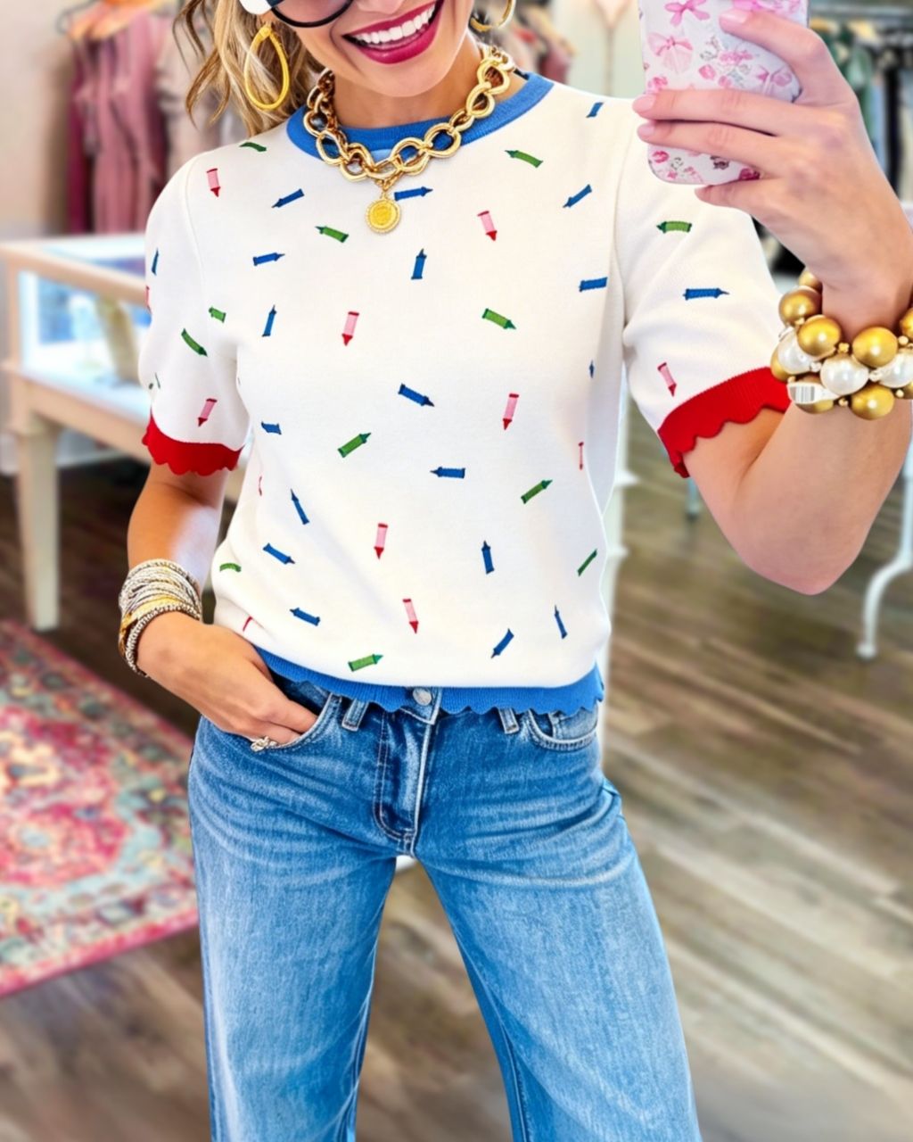 Color-blocked Crayon Embroidered Top