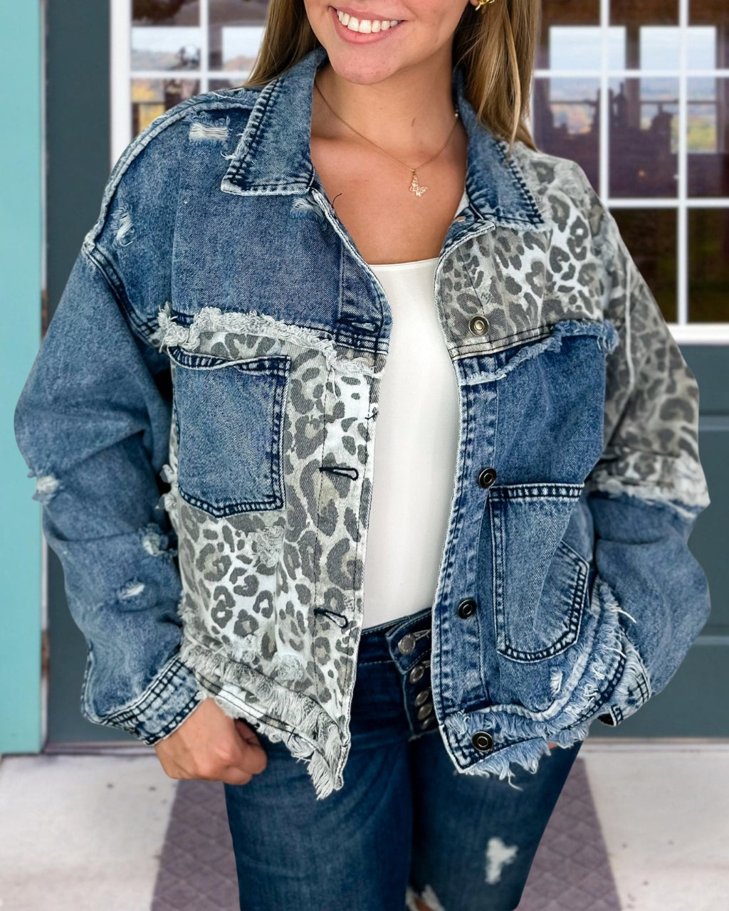 Retro Distressed Leopard Denim Jacket