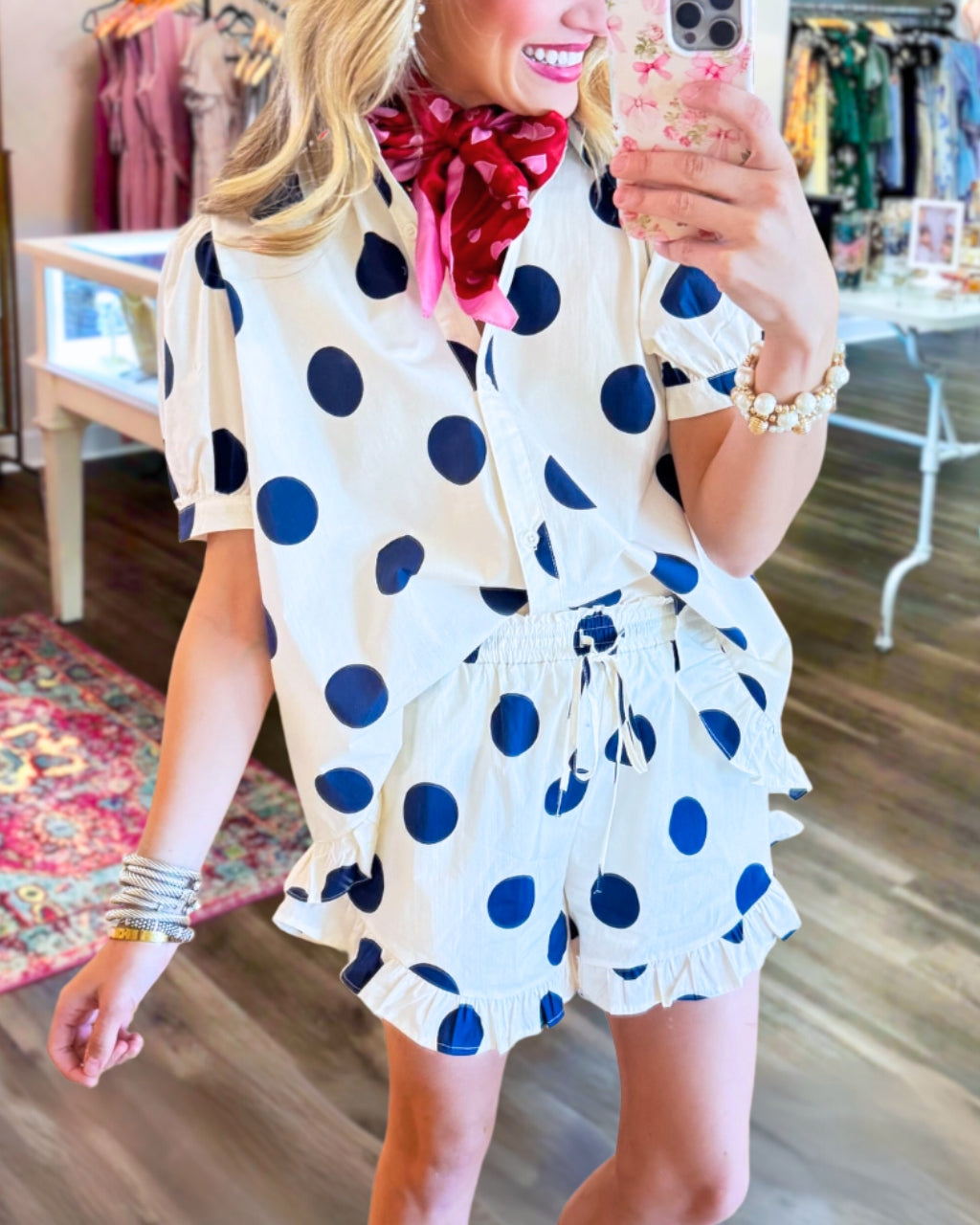 Ruffled Polka-Dot Satin Shorts Set