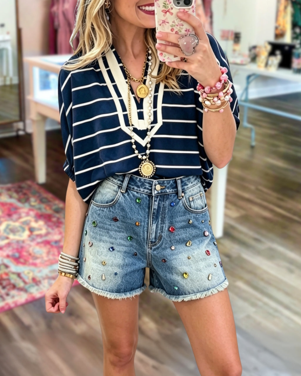 Rhinestone Denim Frayed Shorts