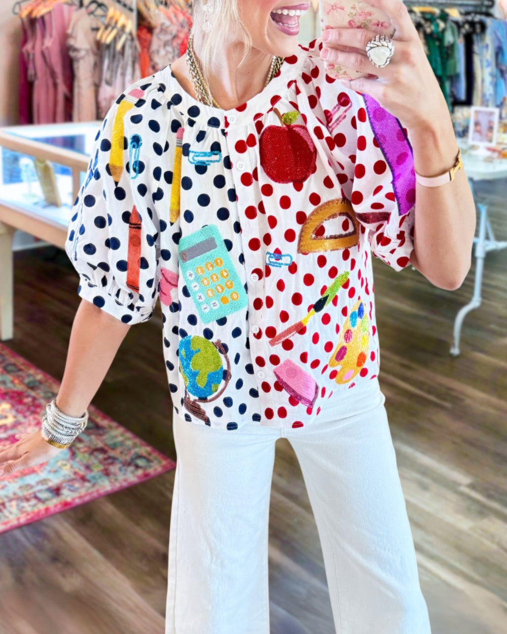 Polka Dot Stationery Sequined Satin Shirt