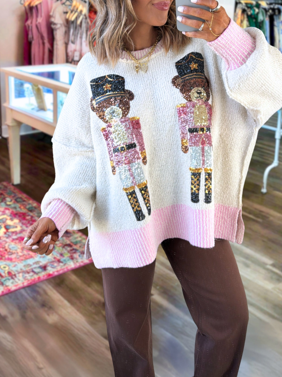 Teddy Bear Nutcracker Sequined Pullover