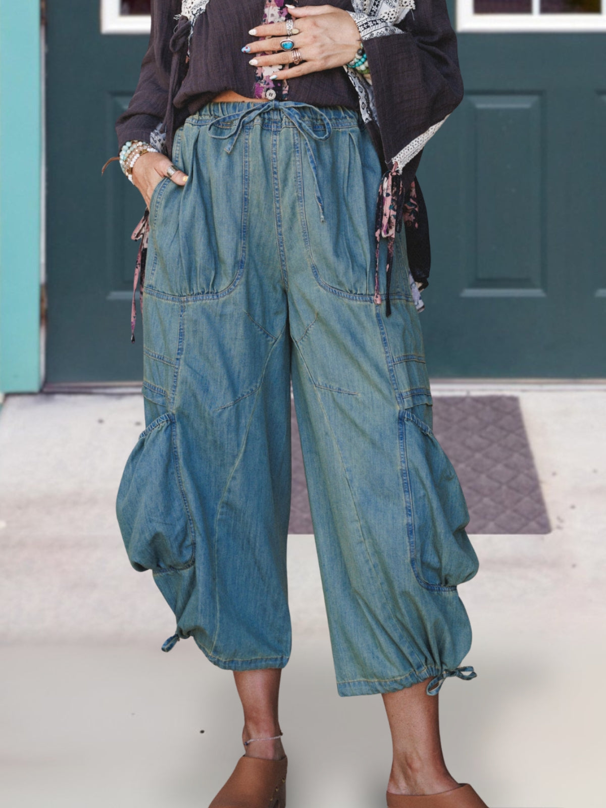 Loose Fitting Denim Cargo Pants