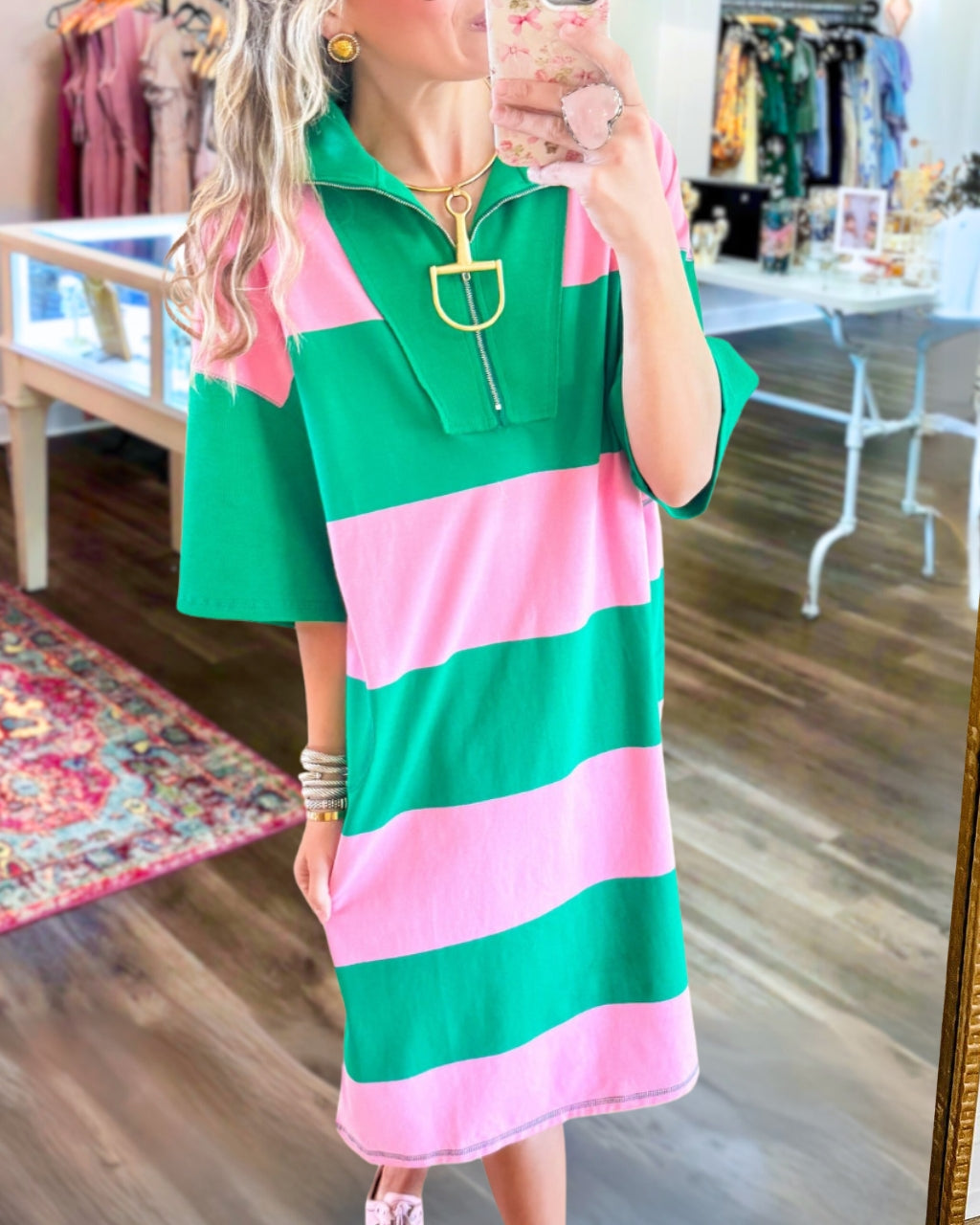 Color-block Striped Half-Zip Dress
