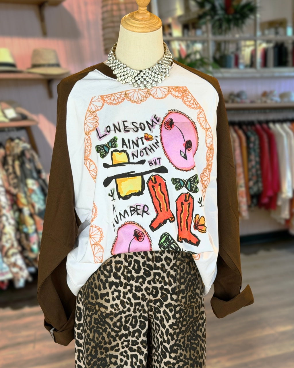 Western Cowboy Themed Printed Raglan Top