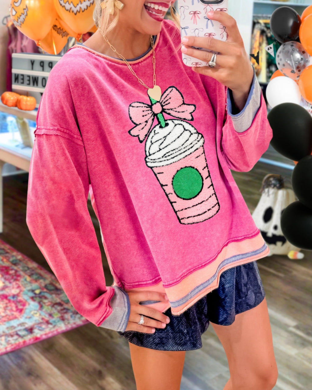 Harvest Season PSL Embroidered Bow Latte Washed Pullover