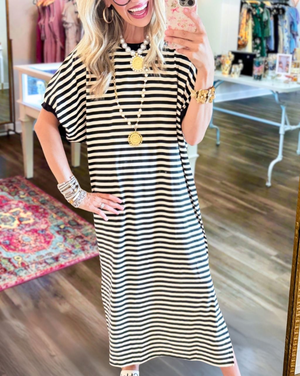 Classic Striped Crew-Neck Maxi Dress