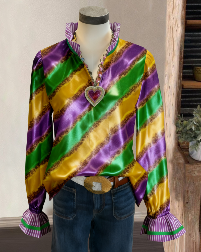 Striped Ruffled V-Neck Satin Blouse