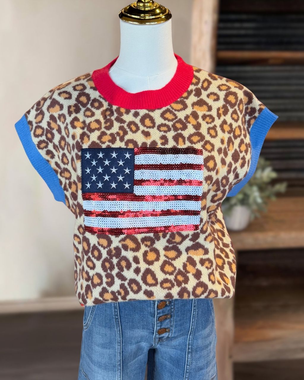 USA Flag Sequin Leopard Knit Top
