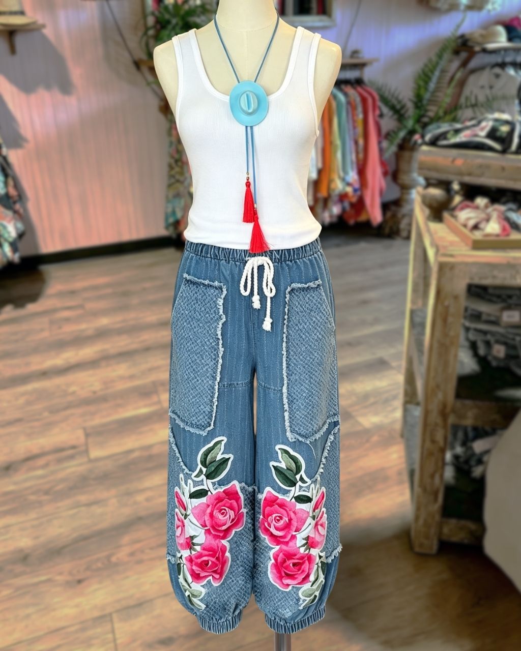 Floral Print Drawstring Denim Pants