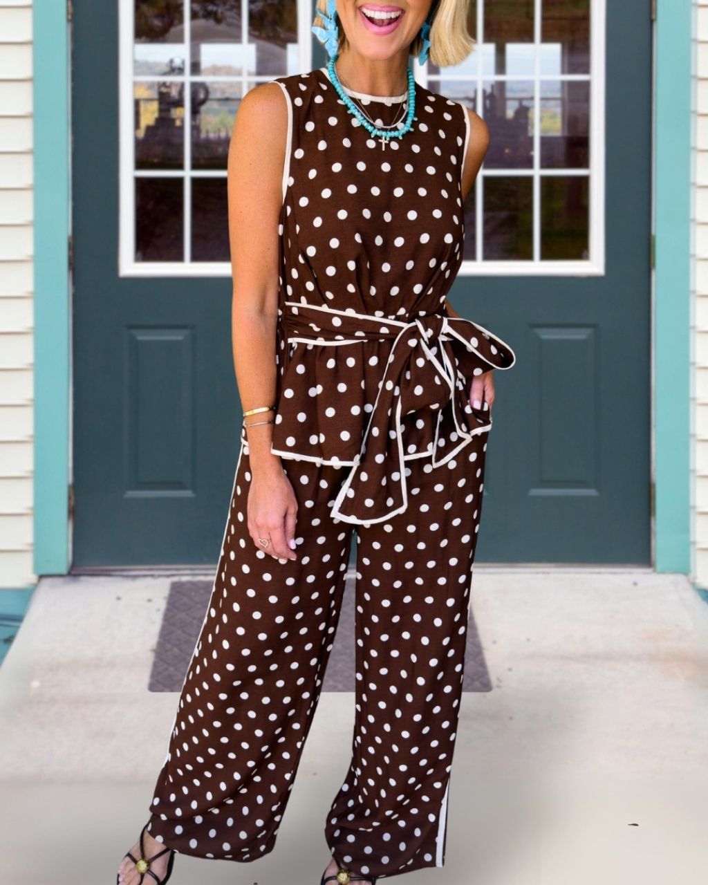 Polka Dot Sleeveless Belted Satin Set