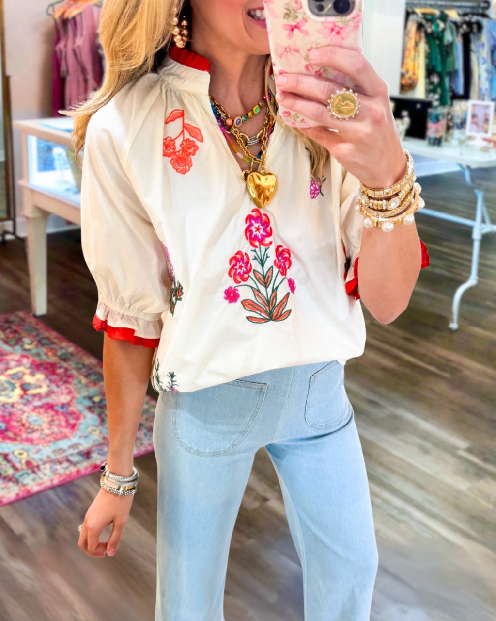 Retro Embroidered V-Neck Top