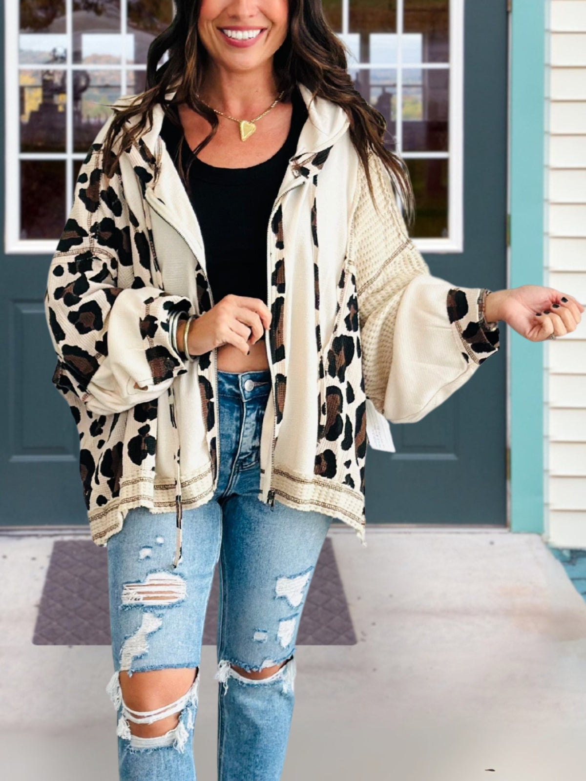 Leopard Print Panel Waffle Knit Hoodie