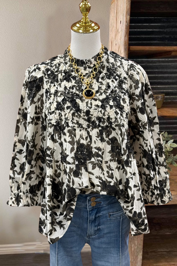 Ink Floral Quilted Pleated Top