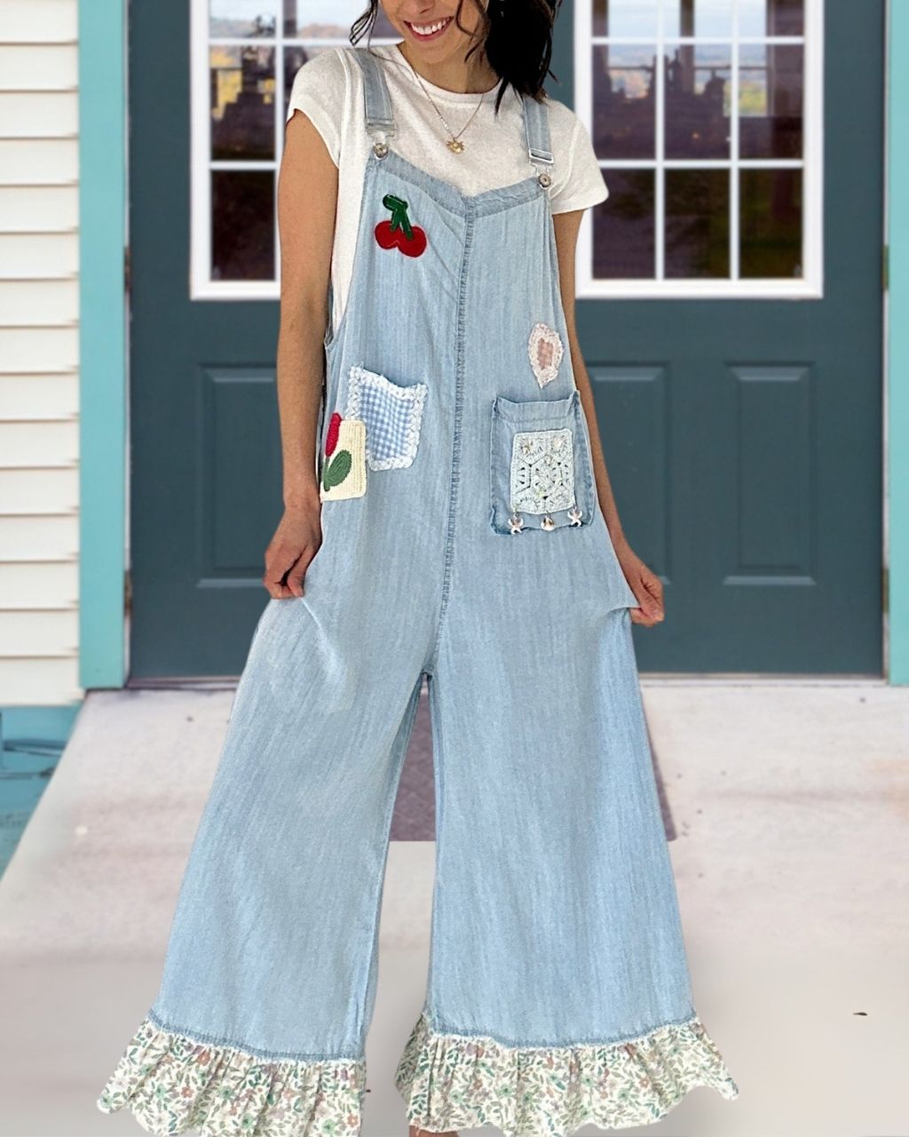 Cherry Embroidered Denim Overalls