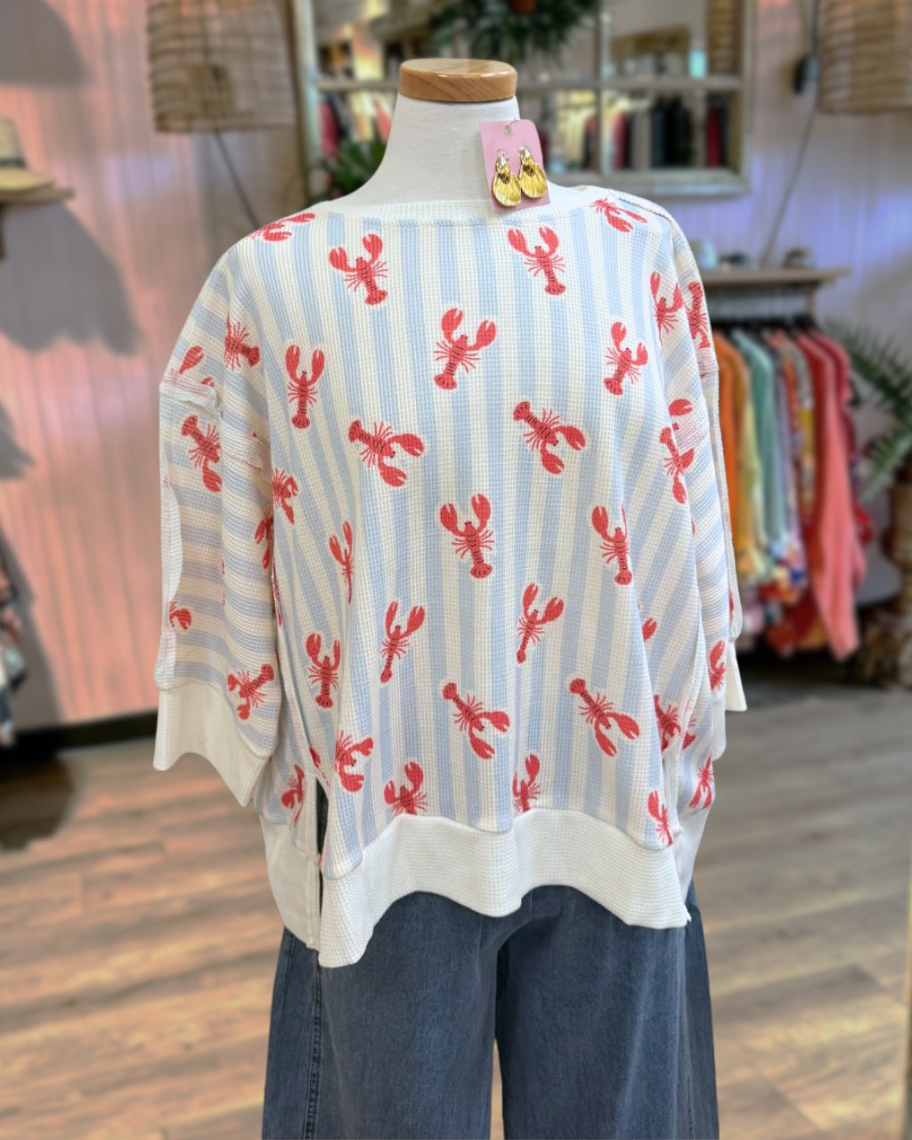 Crayfish-print Striped Waffle Top