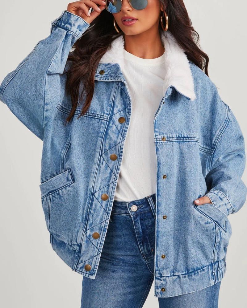 Detachable Plush Collar Denim Bomber Jacket